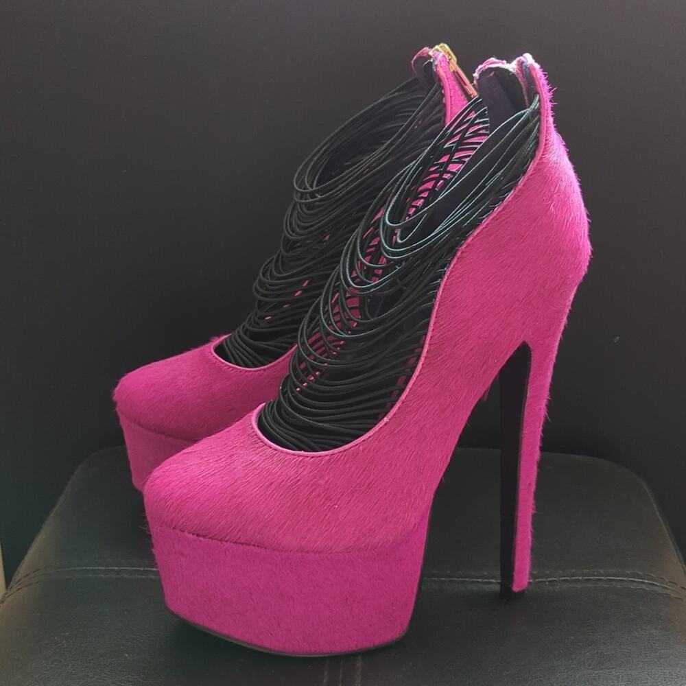London Trash Ceres Platform Pony Hair Hot Pink Leather Pumps Sexy Heels NWT